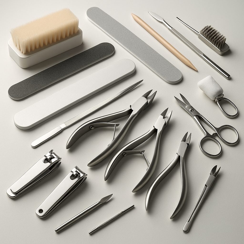 Herramientas profesionales de manicura y pedicura organizadas sobre mesa blanca, con limas, alicates, cortauñas y utensilios de precisión.