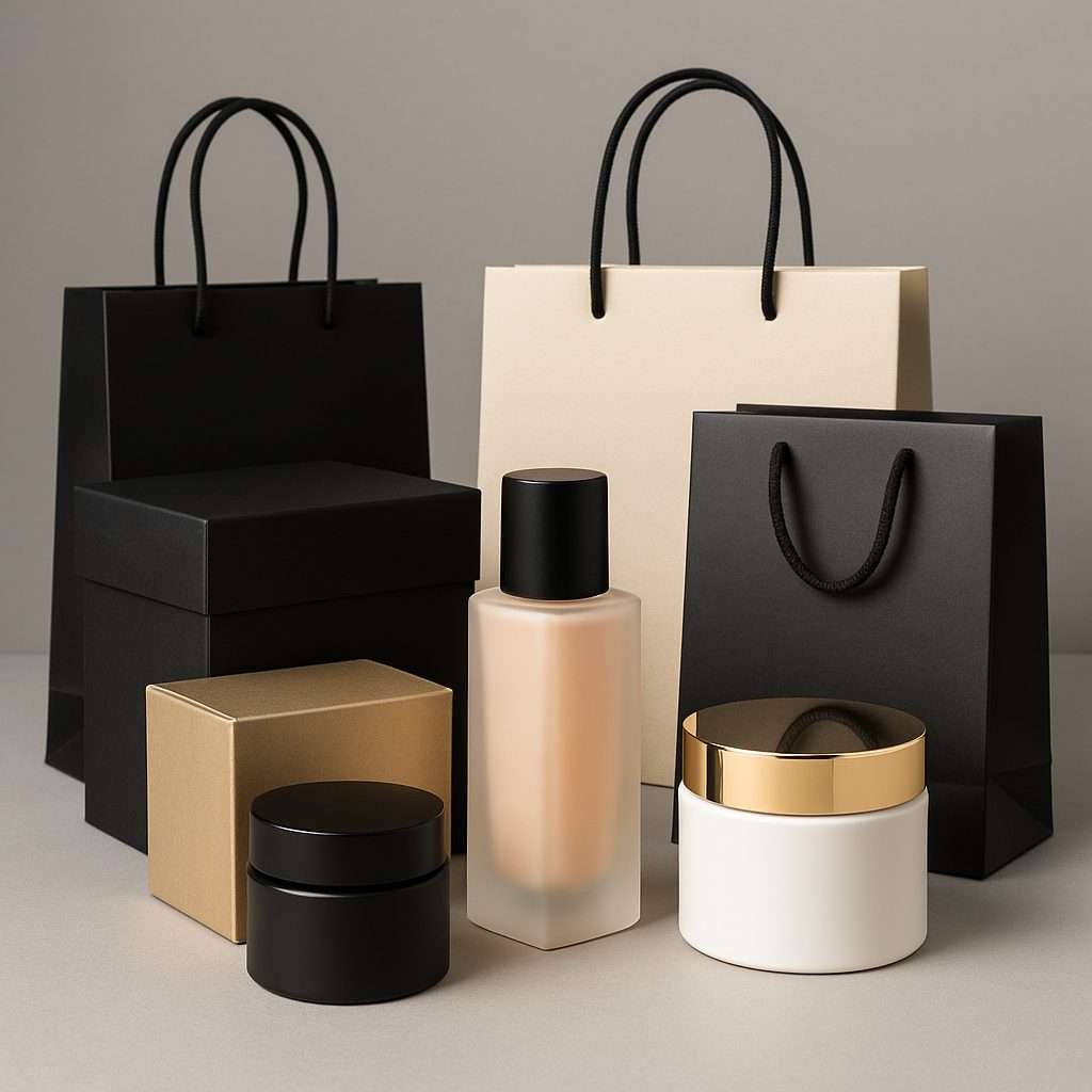 Estuches, cajas y bolsas de lujo para cosméticos sobre fondo neutro mostrando packaging premium