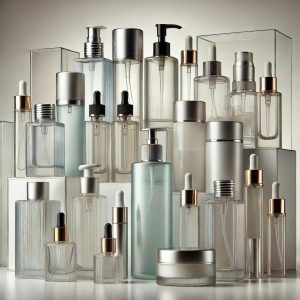 Varios envases cosméticos, incluyendo botellas airless, frascos cuentagotas, tarros de crema y botellas de perfume, en un diseño moderno y sostenible.