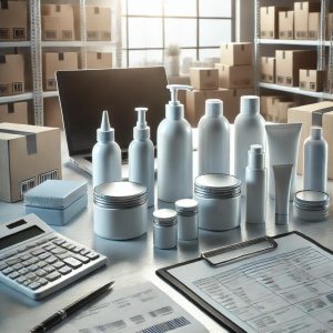 Diversos envases de plástico para cosméticos, como frascos, botellas y tubos, organizados en un espacio de trabajo profesional, acompañados de un portátil, documentos de envío y una calculadora, representando la logística y gestión de importación.
