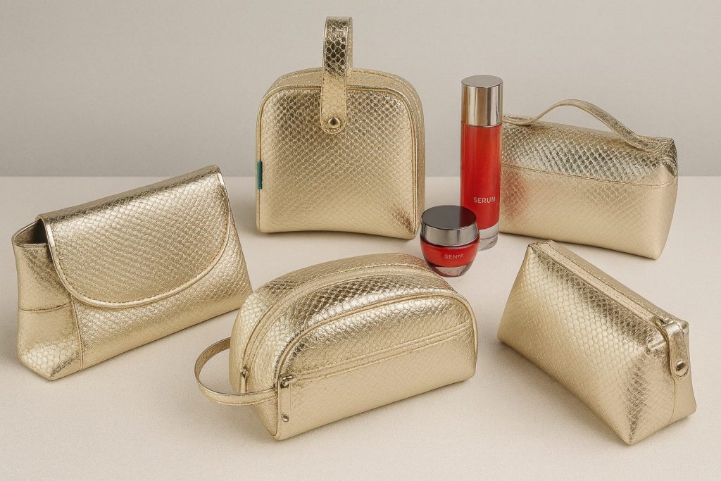 Neceser dorado con textura premium para colecciones cosméticas especiales