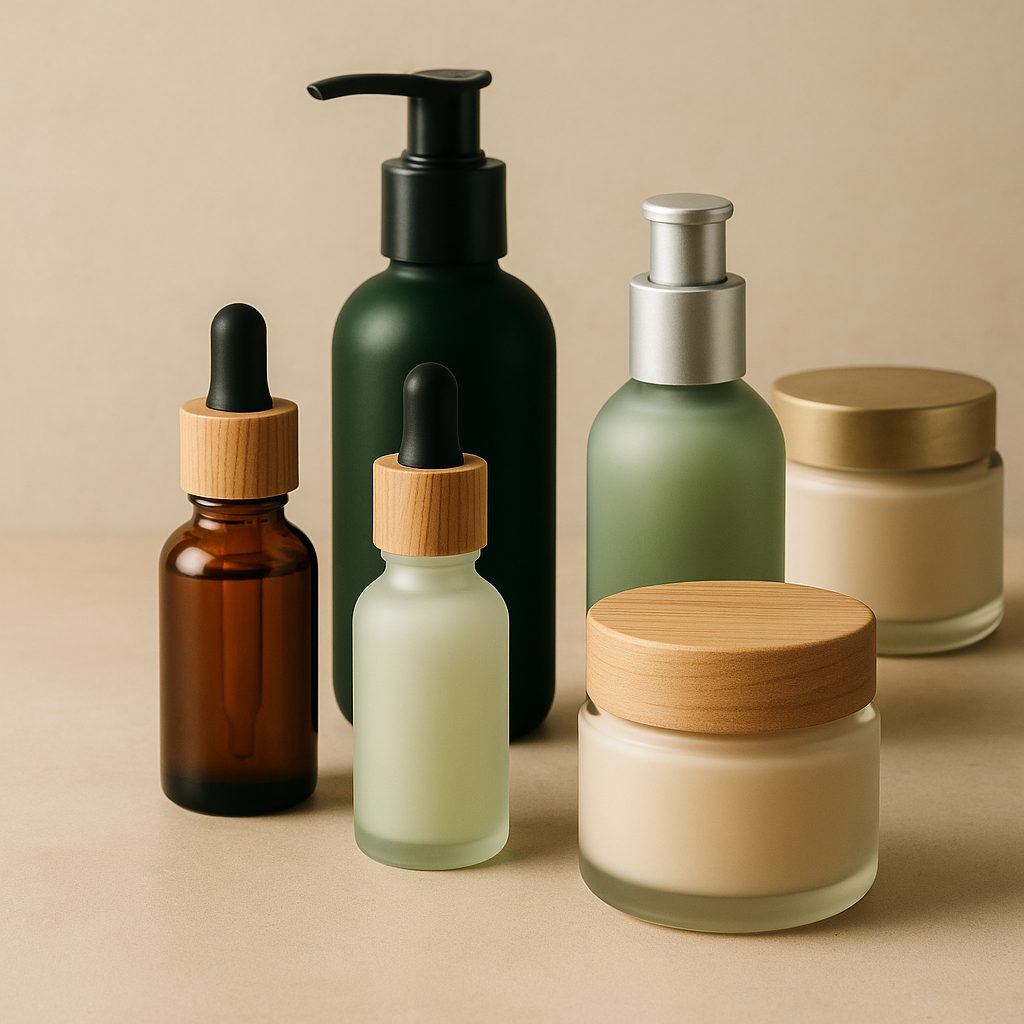 Envases cosméticos sostenibles colocados junto a elementos naturales como flores, hojas verdes y hierbas orgánicas.