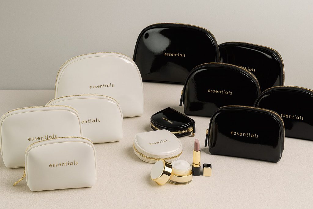 Colección de neceseres en blanco y negro para líneas de cosmética premium