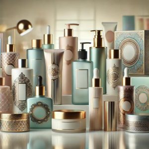 Imagen de envases cosméticos con diseños elegantes, mostrando técnicas de impresión como serigrafía, tampografía, estampado en caliente, impresión digital y grabado láser, en un fondo limpio y moderno.