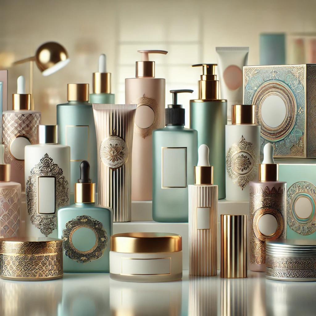 Imagen de envases cosméticos con diseños elegantes, mostrando técnicas de impresión como serigrafía, tampografía, estampado en caliente, impresión digital y grabado láser, en un fondo limpio y moderno.