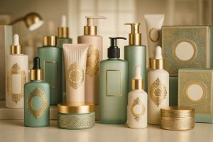 envases cosméticos de lujo con grabados y relieves dorados sobre vidrio y plástico