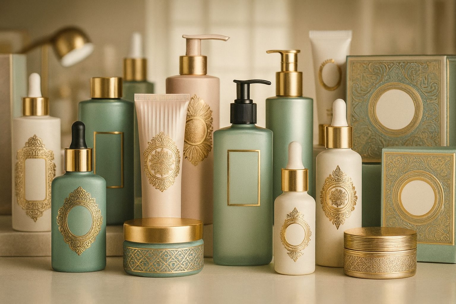 envases cosméticos de lujo con grabados y relieves dorados sobre vidrio y plástico