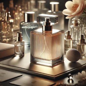 Frasco de perfume de lujo en un tocador elegante, rodeado de muestras en miniatura, tarjetas de marca y pétalos de flores, resaltado por una iluminación suave y focalizada que transmite exclusividad y sofisticación.