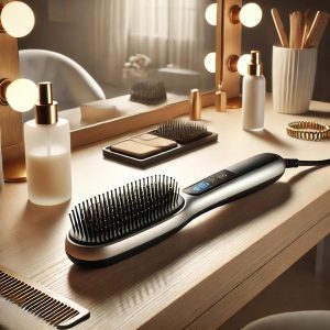 Cepillo alisador eléctrico moderno sobre un tocador elegante, con productos de cuidado capilar como un sérum y una pinza, en un ambiente cálido y profesional.