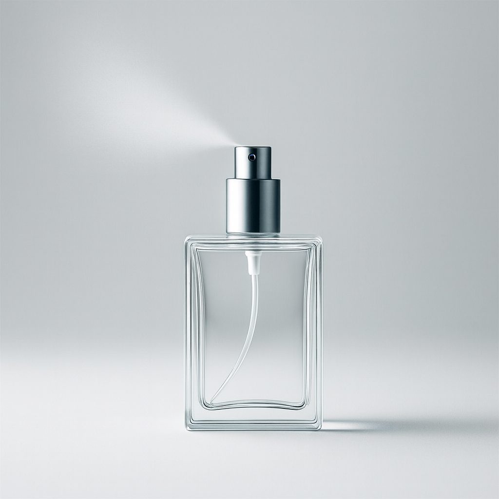 Botella de perfume transparente con cierre atomizador plateado en fondo gris suave, mostrando la pulverización.