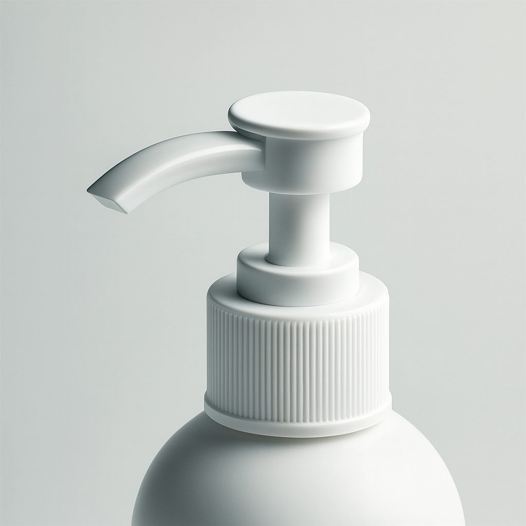 Cierre de bomba dispensadora blanca para envases de cremas y jabones cosméticos sobre fondo gris claro.