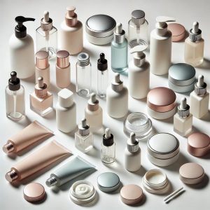 Imagen que muestra varios cierres para envases cosméticos, incluyendo dispensadores de bomba, tapas de rosca, tapas abatibles y cuentagotas, dispuestos de forma estética sobre un fondo blanco. Los envases son de vidrio, plástico y metal, con diseños modernos y elegantes.