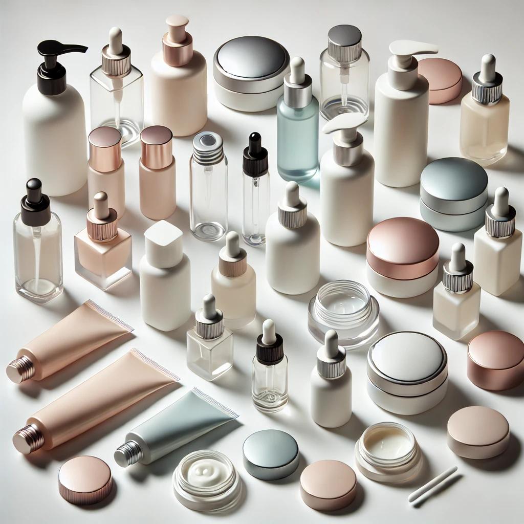 Imagen que muestra varios cierres para envases cosméticos, incluyendo dispensadores de bomba, tapas de rosca, tapas abatibles y cuentagotas, dispuestos de forma estética sobre un fondo blanco. Los envases son de vidrio, plástico y metal, con diseños modernos y elegantes.