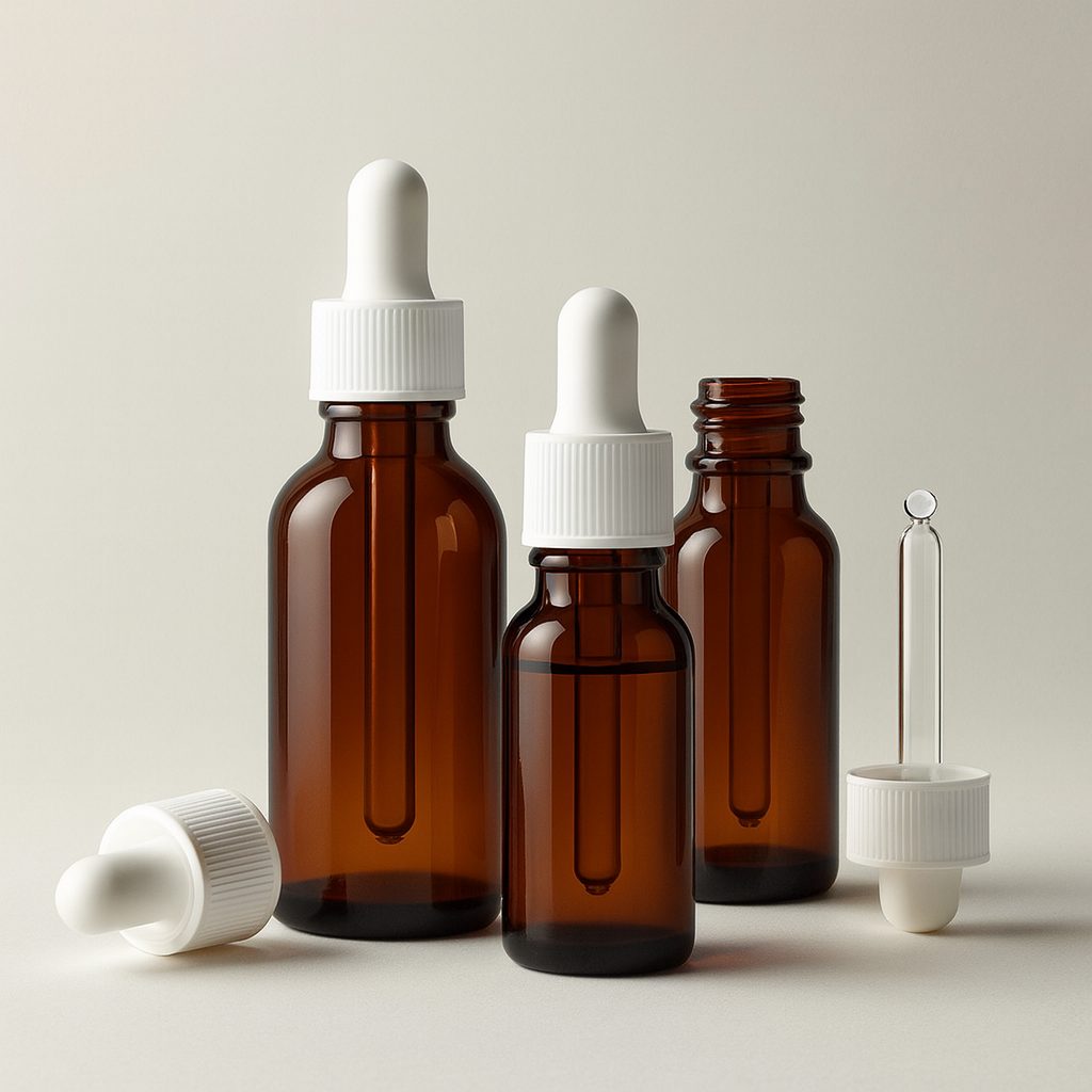 Frascos de vidrio ámbar con cierres cuentagotas blancos para sérums y cosmética facial premium.