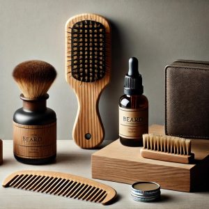 Exhibición minimalista de peines y cepillos para barba sobre una superficie de madera elegante, destacando texturas naturales y un diseño premium ideal para herramientas de aseo tradicionales.