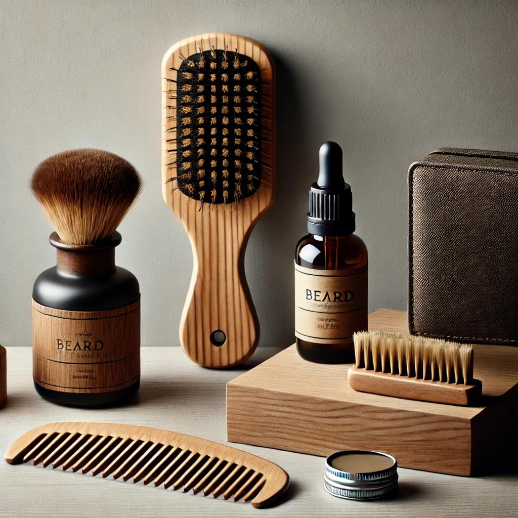 Exhibición minimalista de peines y cepillos para barba sobre una superficie de madera elegante, destacando texturas naturales y un diseño premium ideal para herramientas de aseo tradicionales.