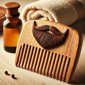 Peine de barba de madera natural sobre una superficie de madera clara, acompañado de un frasco de aceite para barba y una toalla doblada, en un ambiente cálido y acogedor.