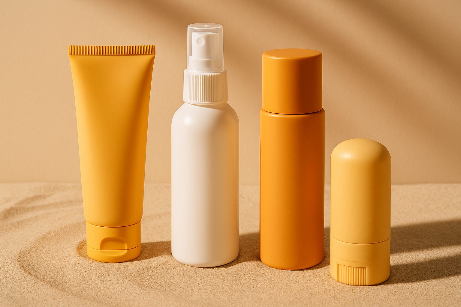 Envases solares en formato tubo, spray, botella y stick sobre arena con iluminación cálida