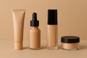 Packaging para bases de maquillaje: tubo, gotero, frasco con dispensador y tarro de polvo en disposición simétrica sobre fondo beige.