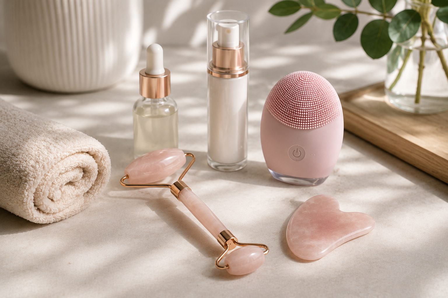 Masajeadores faciales, rodillo de cuarzo rosa y cosméticos para rutinas de cuidado facial y bienestar