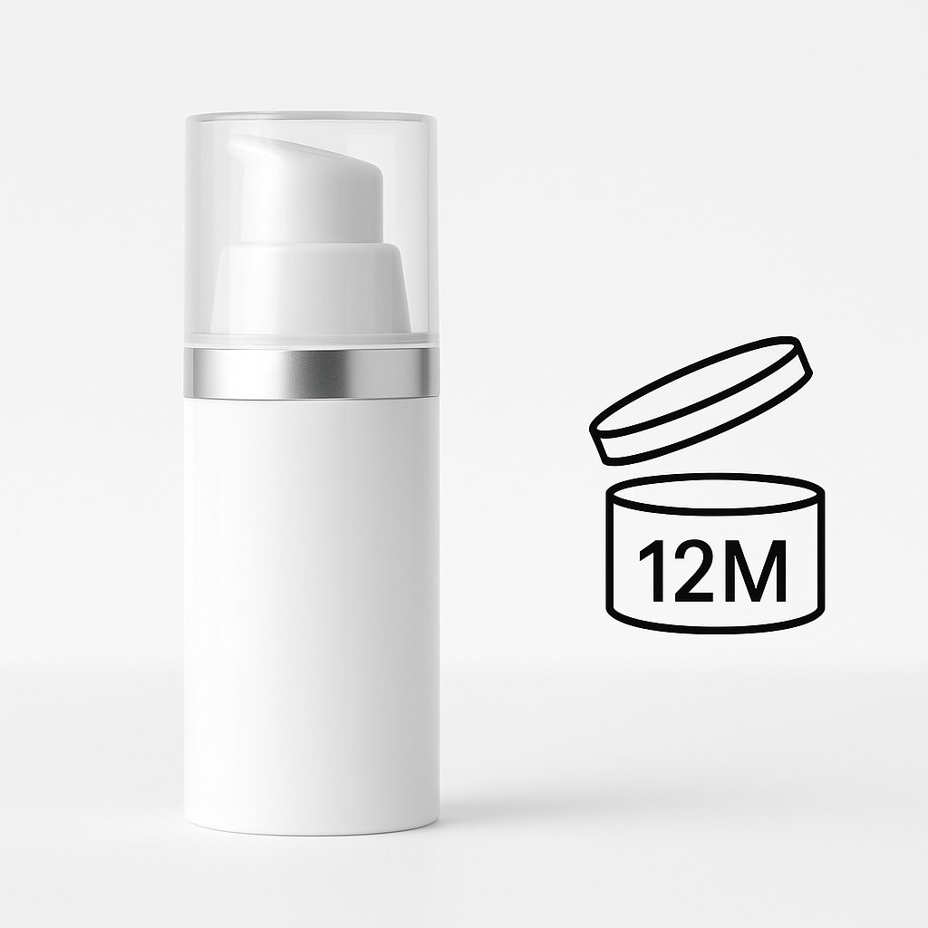 Envase cosmético airless con símbolo PAO de 12 meses, sobre fondo blanco