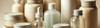 Envases cosméticos en mal estado representando riesgos de uso, como irritaciones y contaminación, destacando la importancia de su mantenimiento y caducidad.