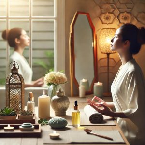Una mujer practicando yoga facial frente a un espejo en un ambiente de spa, con productos de cuidado de la piel organizados en una mesa cercana. La iluminación suave y el diseño elegante enfatizan la tranquilidad y el bienestar.