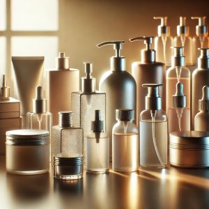 Una variedad de envases cosméticos, como frascos de perfume, tarros de crema y dispensadores de loción, hechos de vidrio, aluminio y plástico, ordenados cuidadosamente en una estación de trabajo bajo una cálida iluminación natural.