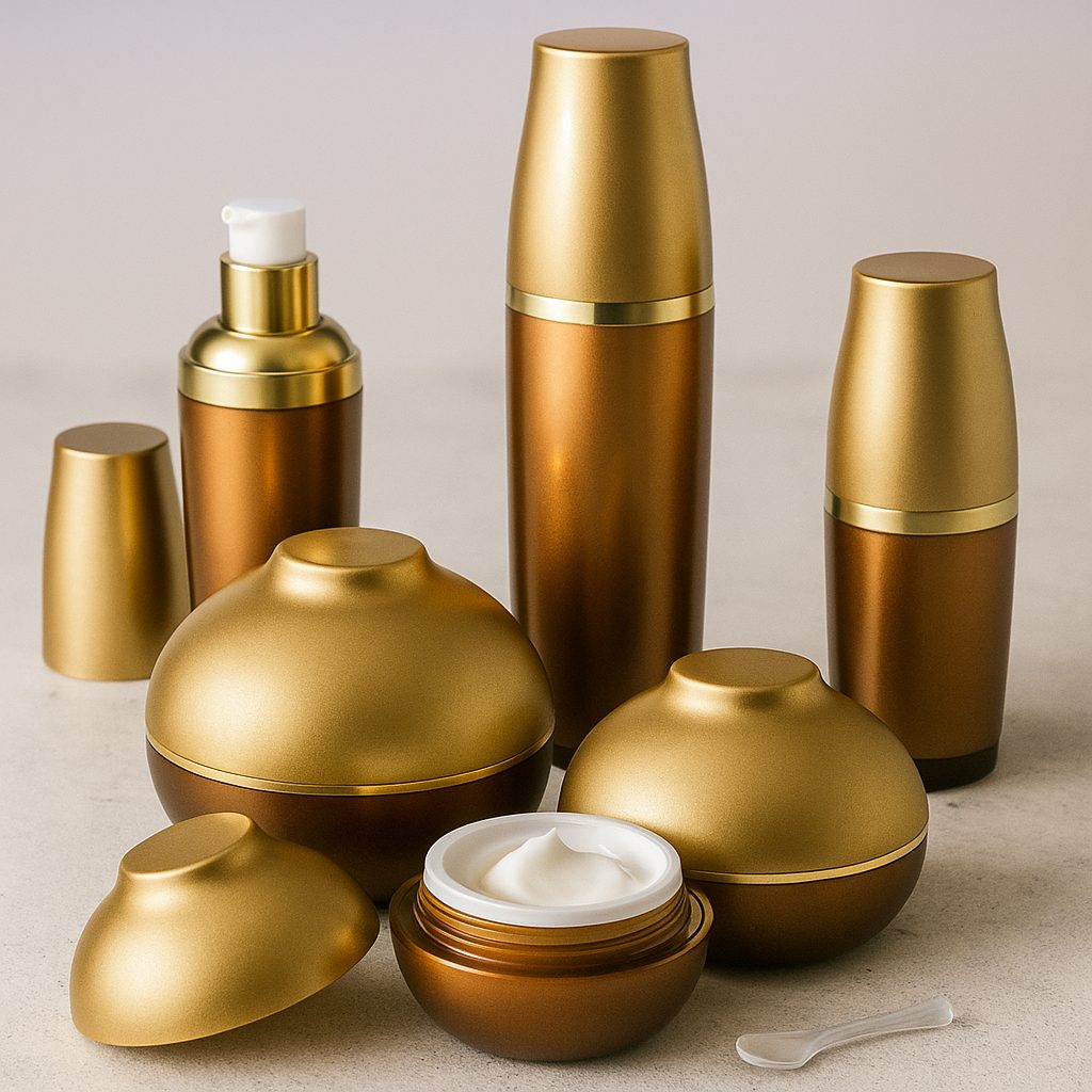 envases cosméticos de vidrio y plástico en tonos lilas y rosas sobre fondo neutro elegante