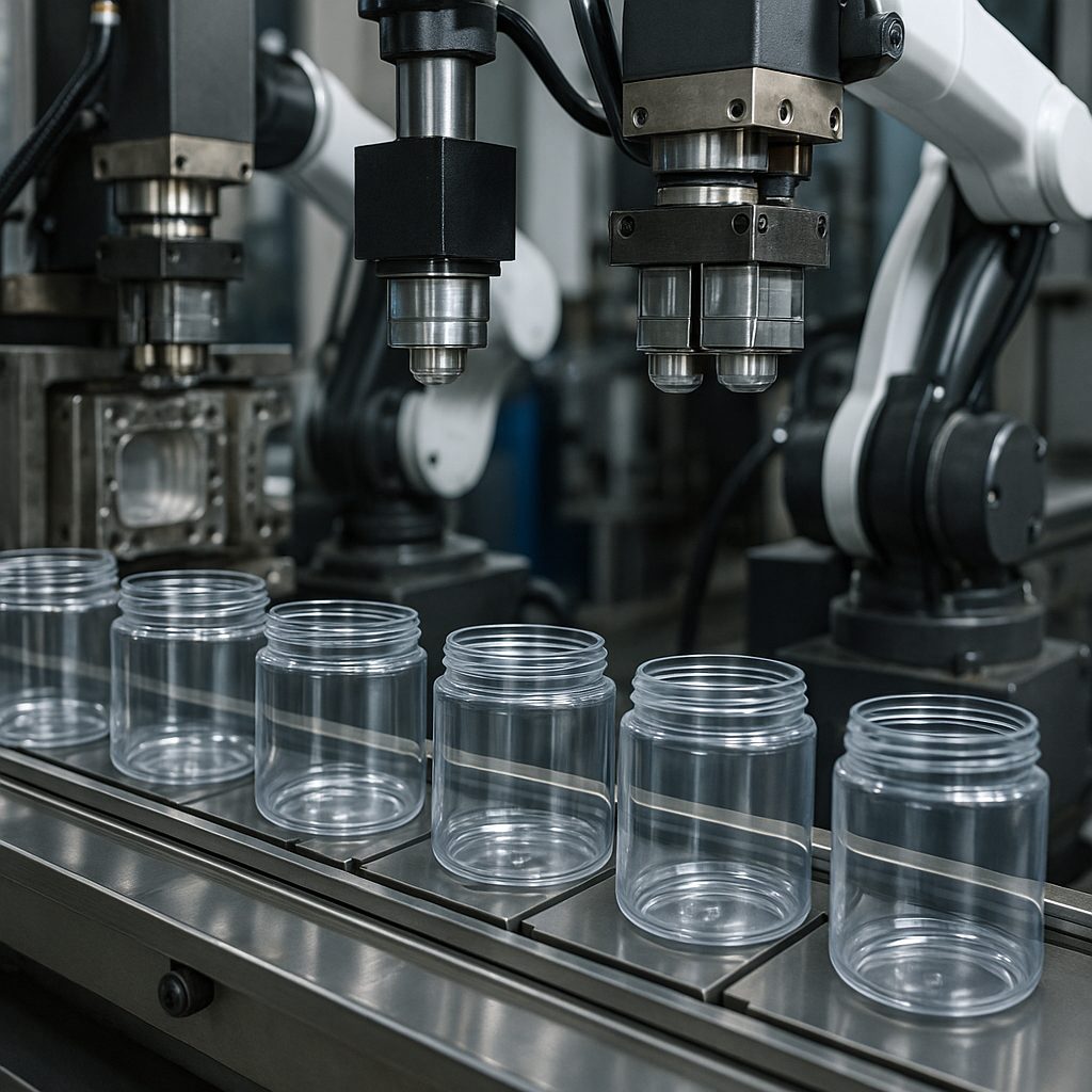 línea de fabricación de tarros cosméticos en planta industrial moderna con maquinaria automatizada