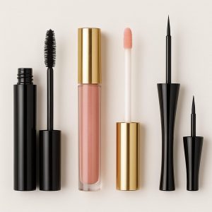 Envases cosméticos de rímel, brillo labial y delineador con sus aplicadores, mostrando diferentes tipos de cepillos y aplicadores para maquillaje en un entorno neutro.