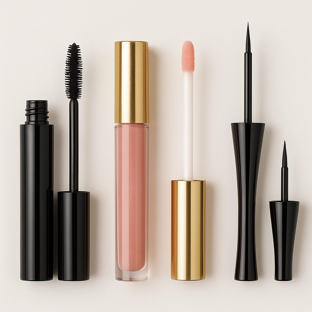 Colección de cepillos y aplicadores cosméticos para envases de maquillaje y brillo labial