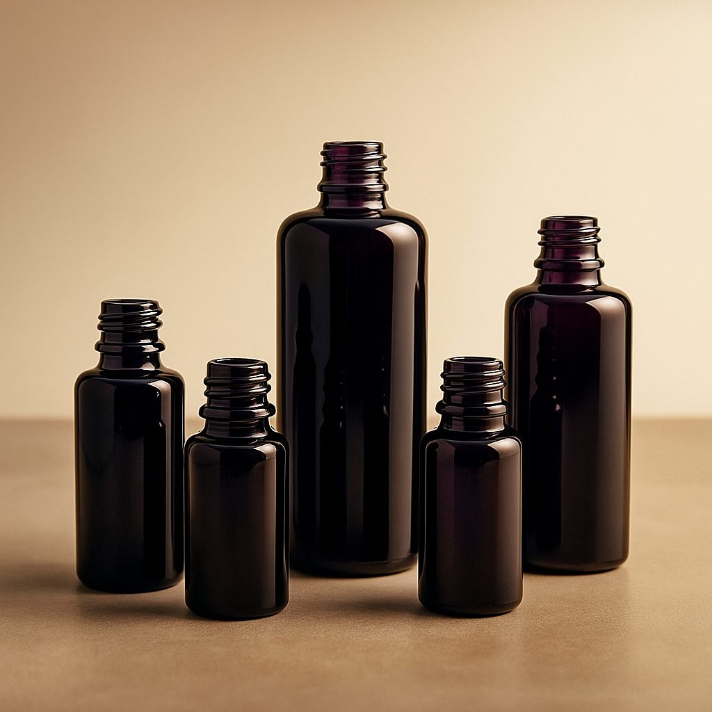 Botellas de vidrio violeta para envases cosméticos que protegen fórmulas sensibles a la luz