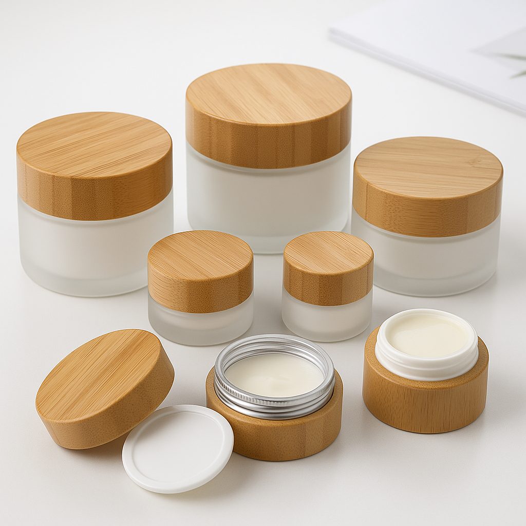 Tarros cosméticos con tapa de bambú para packaging sostenible y ecológico