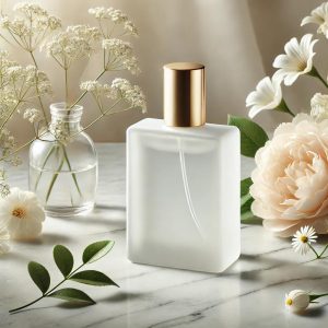 Envase cosmético elegante y lujoso, con un frasco minimalista de vidrio esmerilado y tapa dorada, sobre una superficie de mármol rodeada de flores delicadas.