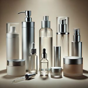 Conjunto de envases cosméticos realistas, que incluye un frasco airless, un frasco con cuentagotas, un tubo de aluminio, un tarro acrílico con aplicador, un frasco con spray de niebla fina y un roll-on compacto, todos presentados sobre un fondo minimalista.