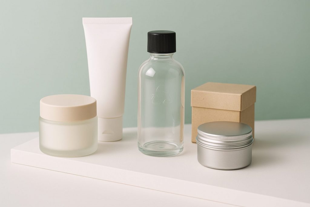 Diferentes envases cosméticos sobre superficie minimalista mostrando tendencias de packaging en 2024