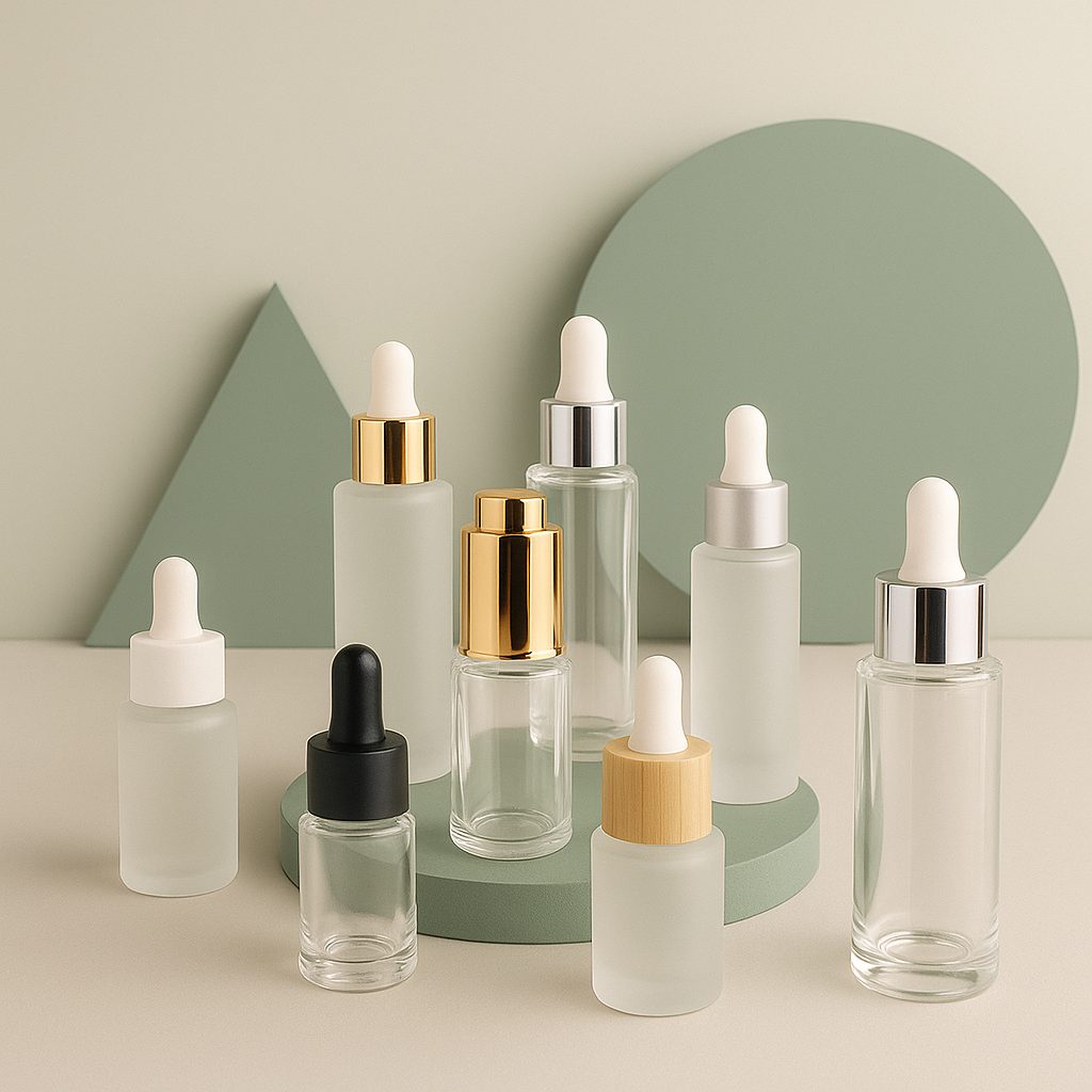 Set de envases cosméticos cuentagotas de vidrio esmerilado sobre fondo minimalista en tonos verdes