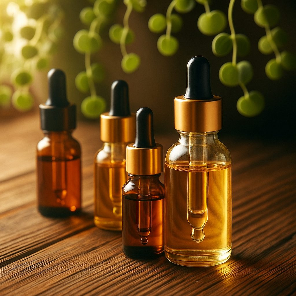 Cuentagotas cosméticos vacíos de vidrio y PET en distintos tamaños con tapones metálicos, estilo premium para laboratorios y marcas.