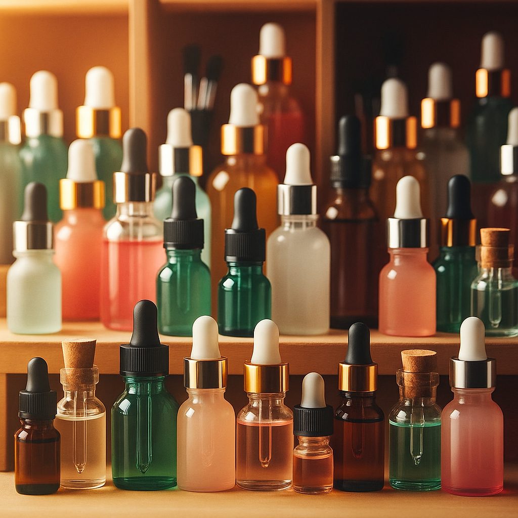 Colección de envases cosméticos vacíos de vidrio y plástico con cuentagotas y tapones metálicos en una estantería de laboratorio