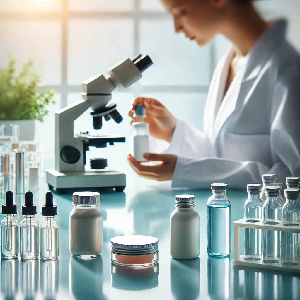 Técnico de laboratorio evaluando envases cosméticos con equipo de precisión en un entorno de laboratorio limpio y bien iluminado, demostrando el control de calidad y seguridad en la fabricación de envases para la industria cosmética.