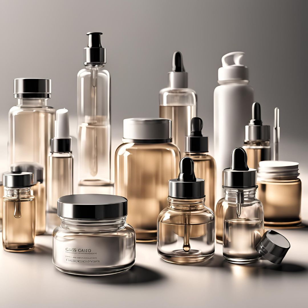 Conjunto de distintos envases para cosméticos de vidrio en distintas formas y tamaños