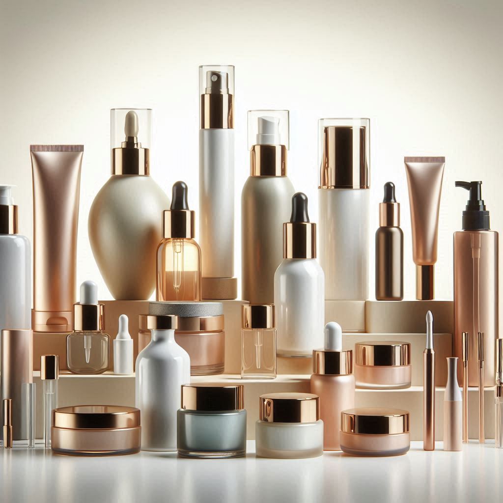 Diversos envases cosméticos elegantes sobre un fondo minimalista. Incluye cuentagotas de vidrio, tarros de vidrio y plástico, botellas de spray, tubos flexibles y envases airless, en varios colores y acabados (brillantes y mates). La disposición resalta la diversidad y versatilidad de los productos.