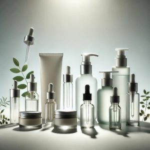 Conjunto de envases para cosméticos que incluye frascos, tarros y cuentagotas, todos presentados en un diseño elegante y moderno, ideal para laboratorios de cosmética en busca de soluciones de empaque atractivas y funcionales