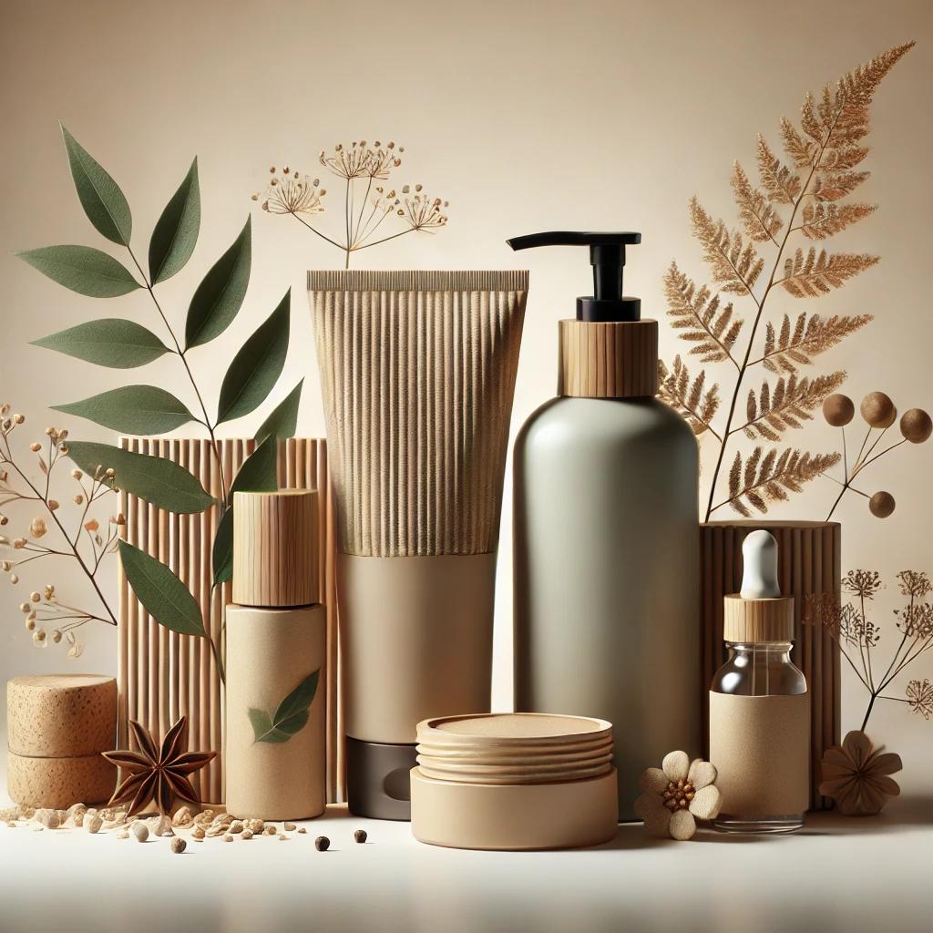 Envases cosméticos inteligentes y sostenibles con diseño moderno, frascos y dispensadores innovadores sobre fondo neutro.