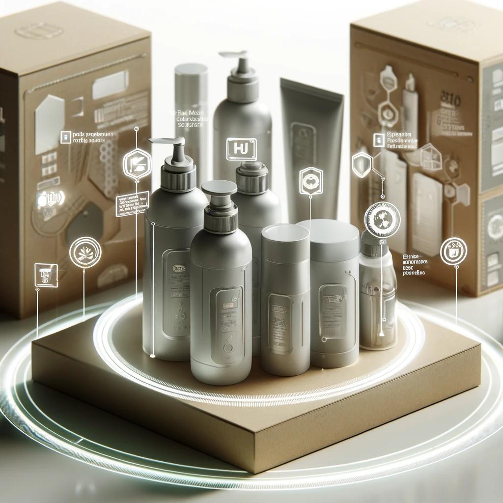 Envase cosmético inteligente y sostenible con diseño moderno, mostrando características como protección de ingredientes y materiales biodegradables en un fondo minimalista y suave.