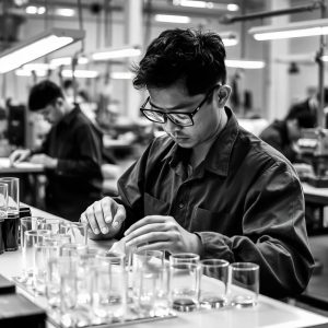 Primer plano de una línea de producción donde se ensamblan envases cosméticos, mostrando maquinaria especializada y operarios supervisando la calidad.