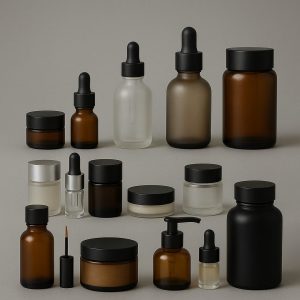 Envases cosméticos de vidrio y plástico en tonos ámbar y mate.