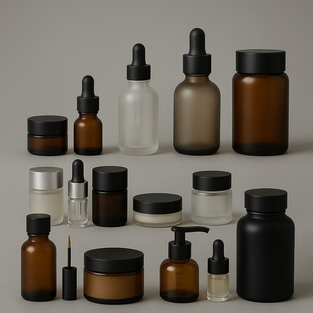 Envases cosméticos de vidrio y plástico en tonos ámbar y mate.