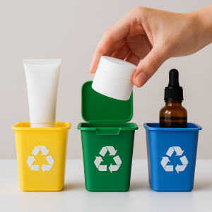 Envases cosméticos siendo reciclados en distintos contenedores de colores, imagen sobre reciclaje sostenible en cosmética.